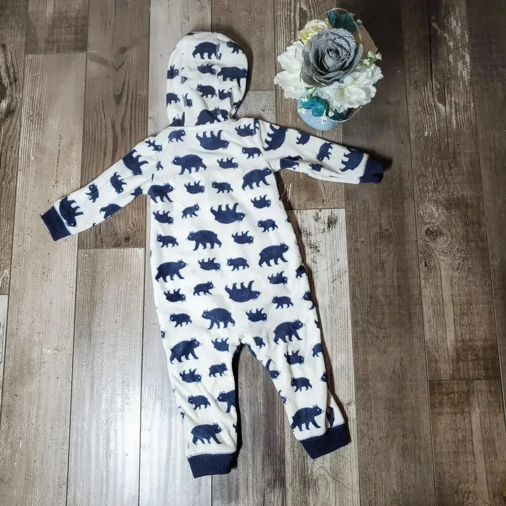 Carter's One Piece Fleece Hooded Jumper Jumpsuit White Blue Bears Size 12m EUC